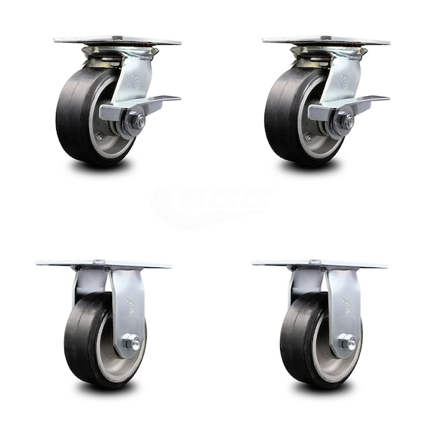 5 Inch Rubber on Aluminum Caster Set with Ball Bearing 2 Brakes and 2 Rigid SCC